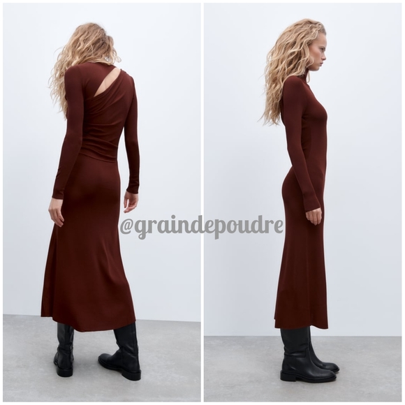 Rare! Zara Chocolate Brown Mock Neck Back Cutout Slit Knit Maxi Swing Dress S - Picture 3 of 6